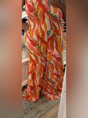 Tropical Leaf Print Tiered Maxi Jumpsuit - Multi